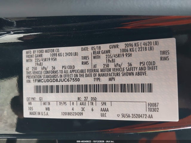 Продаж на аукціоні авто 2018 Ford Escape Se, vin: 1FMCU0GD8JUC67550, номер лоту: 46345922