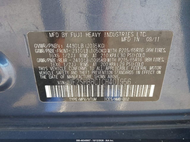 2012 Subaru Forester 2.5x მანქანა იყიდება აუქციონზე, vin: JF2SHBBC1CH401956, აუქციონის ნომერი: 46345957