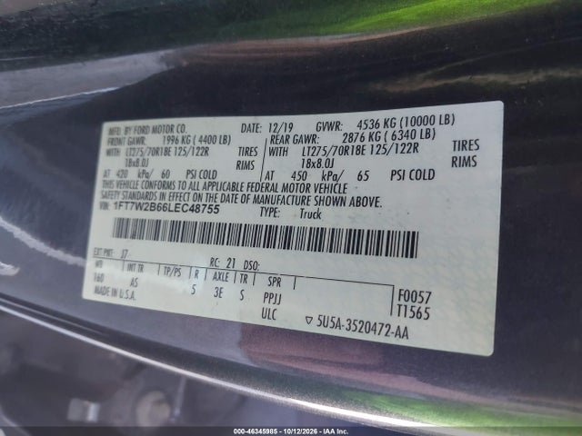 46345985 :رقم المزاد ، 1FT7W2B66LEC48755 vin ، 2020 Ford F-250 Xl مزاد بيع