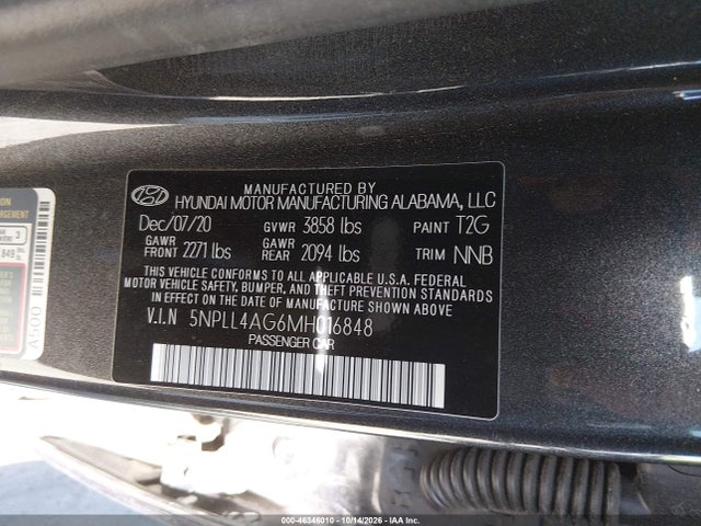 2021 Hyundai Elantra Se მანქანა იყიდება აუქციონზე, vin: 5NPLL4AG6MH016848, აუქციონის ნომერი: 46346010