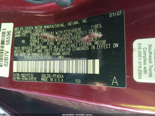 46346026 :رقم المزاد ، 5TDZK23C37S017563 vin ، 2007 Toyota Sienna Le مزاد بيع