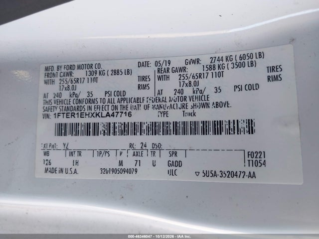 46346047 :رقم المزاد ، 1FTER1EHXKLA47716 vin ، 2019 Ford Ranger Xlt مزاد بيع