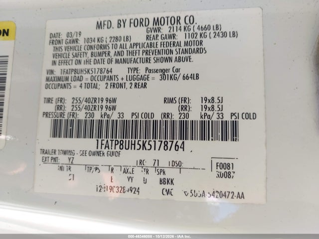 46346088 :رقم المزاد ، 1FATP8UH5K5178764 vin ، 2019 Ford Mustang Ecoboost Premium مزاد بيع