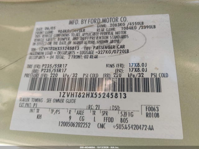 46346094 :رقم المزاد ، 1ZVHT82HX55245813 vin ، 2005 Ford Mustang Gt Deluxe/gt Premium مزاد بيع