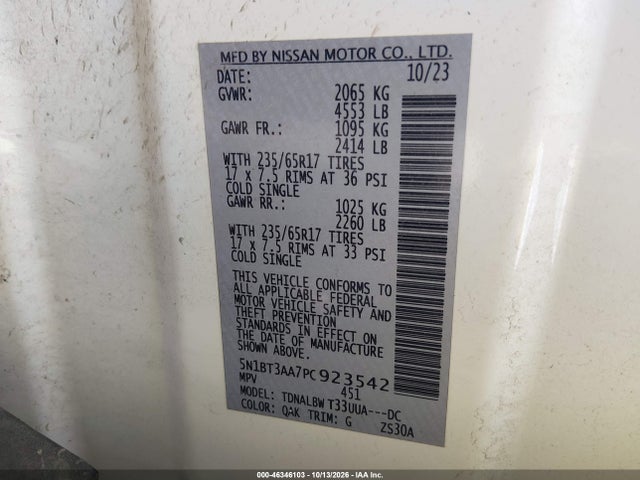 Продажа на аукционе авто 2023 Nissan Rogue S Fwd, vin: 5N1BT3AA7PC923542, номер лота: 46346103
