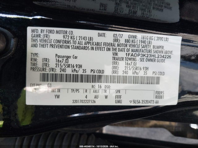 Продажа на аукционе авто 2017 Ford Focus Se, vin: 1FADP3K23HL234226, номер лота: 46346114
