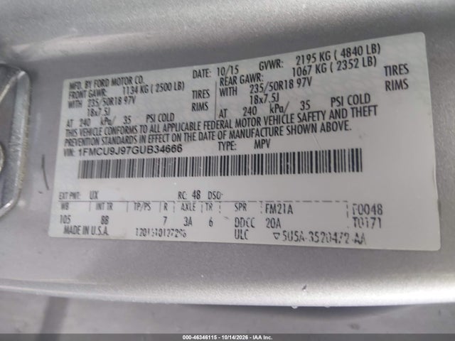 Продаж на аукціоні авто 2016 Ford Escape Titanium, vin: 1FMCU9J97GUB34666, номер лоту: 46346115
