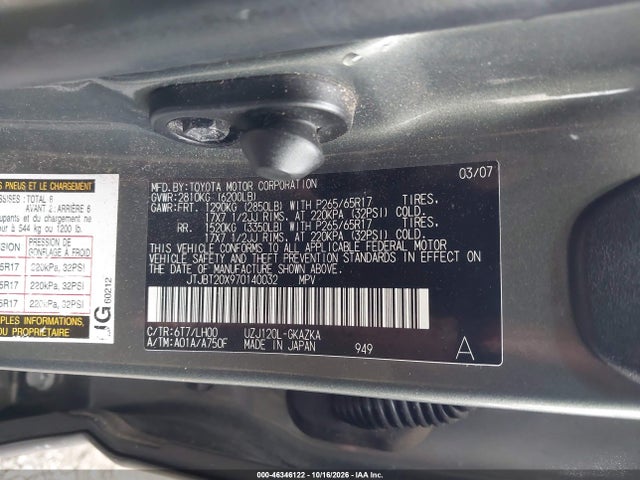 Aukcja sprzedaży 2007 Lexus Gx 470, vin: JTJBT20X970140032, numer aukcji: 46346122