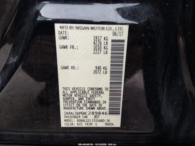 46346155 :رقم المزاد ، 1N4AL3AP6HC289846 vin ، 2017 Nissan Altima 2.5 S مزاد بيع