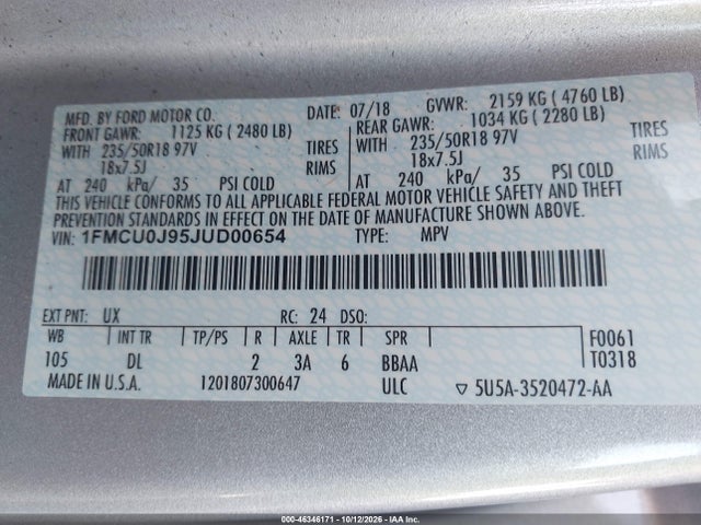 46346171 :رقم المزاد ، 1FMCU0J95JUD00654 vin ، 2018 Ford Escape Titanium مزاد بيع
