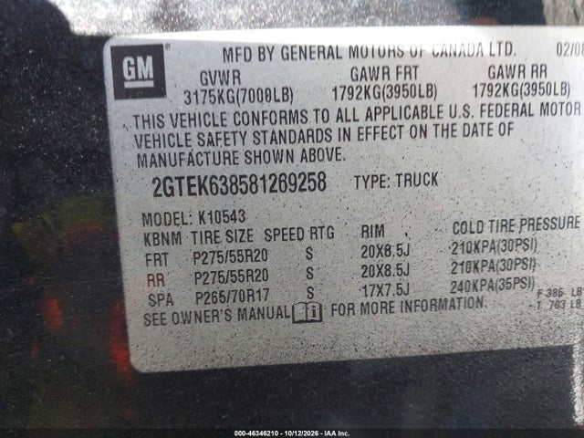 Aukcja sprzedaży 2008 Gmc Sierra 1500 Denali, vin: 2GTEK638581269258, numer aukcji: 46346210