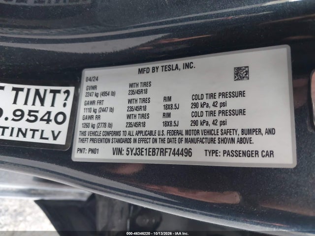 Tesla Model 3 Long Range Dual Motor All-wheel Drive 2024 5YJ3E1EB7RF744496 Image 9