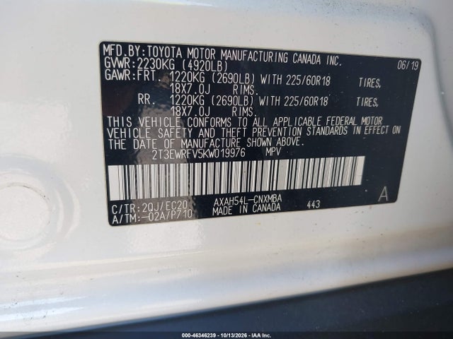 Aukcja sprzedaży 2019 Toyota Rav4 Hybrid Xse, vin: 2T3EWRFV5KW019976, numer aukcji: 46346239