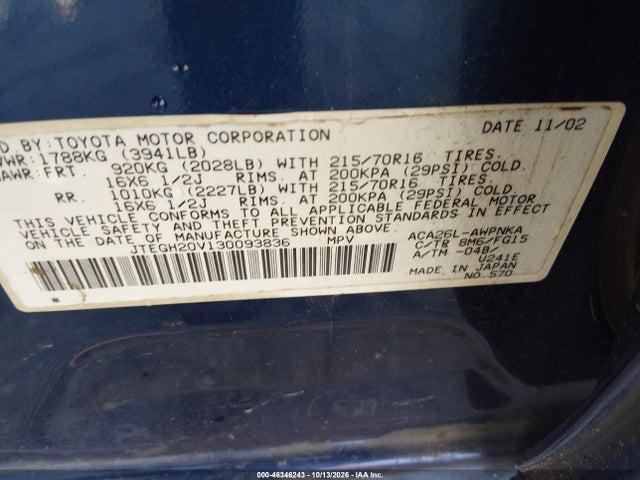 Aukcja sprzedaży 2003 Toyota Rav4, vin: JTEGH20V130093836, numer aukcji: 46346243