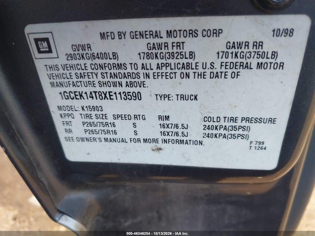 46346254 :رقم المزاد ، 1GCEK14T8XE113590 vin ، 1999 Chevrolet Silverado 1500 Ls مزاد بيع