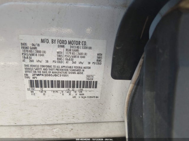 46346260 :رقم المزاد ، 2FMPK3G93JBC31551 vin ، 2018 Ford Edge Se مزاد بيع