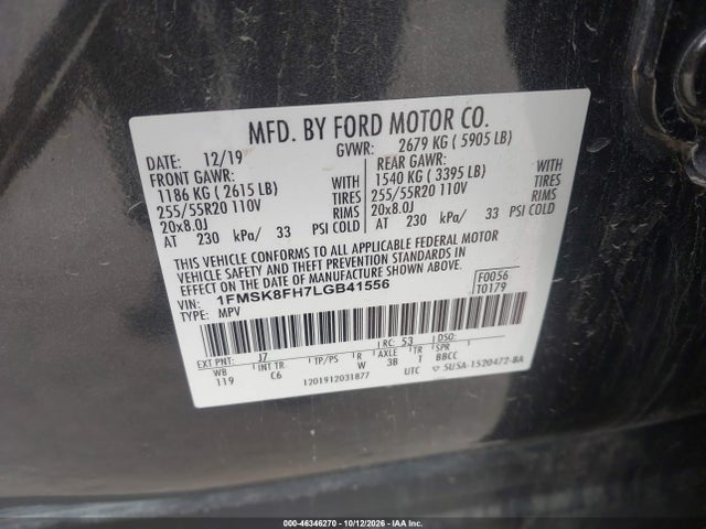 Продаж на аукціоні авто 2020 Ford Explorer Limited, vin: 1FMSK8FH7LGB41556, номер лоту: 46346270