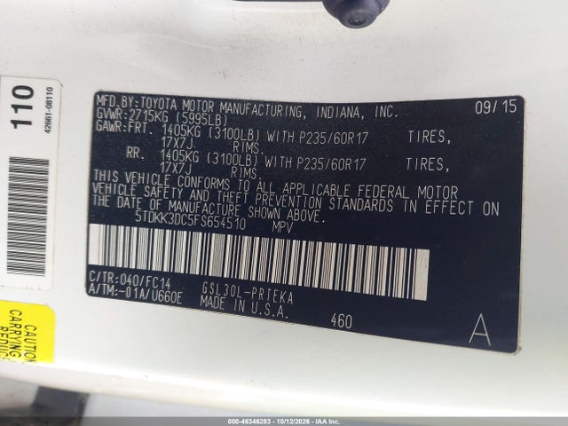 Aukcja sprzedaży 2015 Toyota Sienna Le 8 Passenger, vin: 5TDKK3DC5FS654510, numer aukcji: 46346283