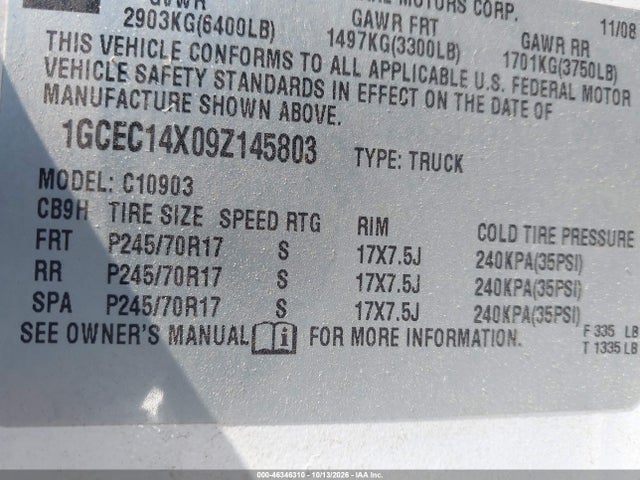 2009 Chevrolet Silverado 1500 Work Truck მანქანა იყიდება აუქციონზე, vin: 1GCEC14X09Z145803, აუქციონის ნომერი: 46346310