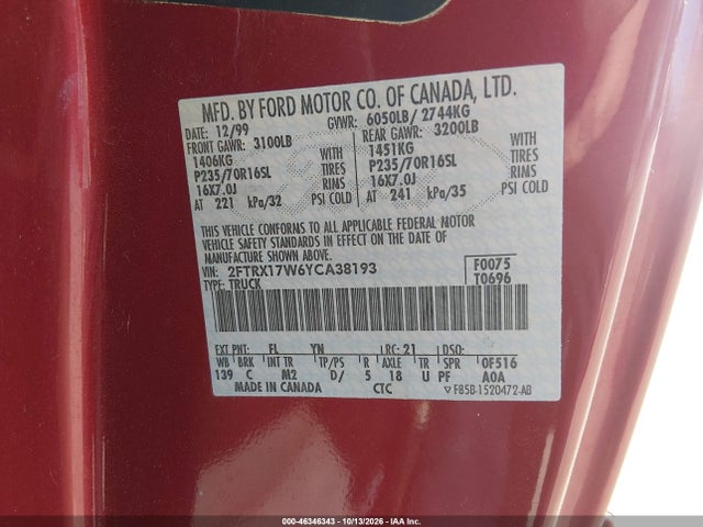 46346343 :رقم المزاد ، 2FTRX17W6YCA38193 vin ، 2000 Ford F-150 Lariat/work Series/xl/xlt مزاد بيع