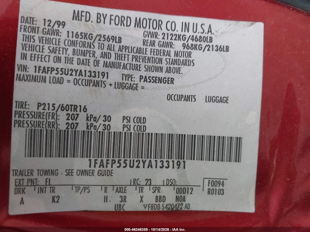 Aukcja sprzedaży 2000 Ford Taurus Ses, vin: 1FAFP55U2YA133191, numer aukcji: 46346359
