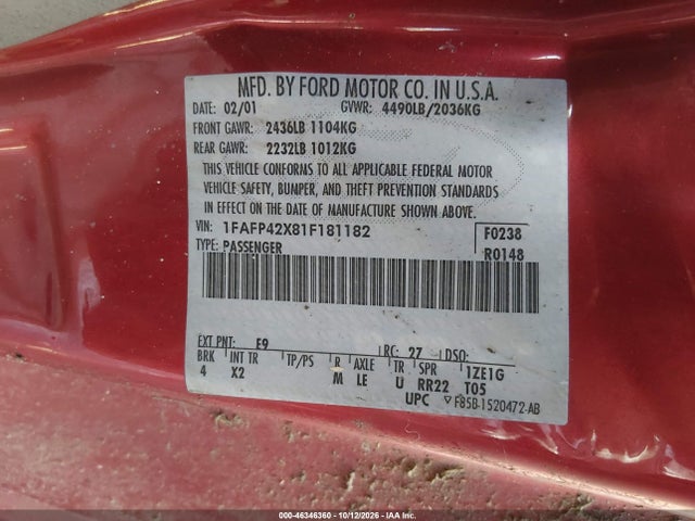 46346360 :رقم المزاد ، 1FAFP42X81F181182 vin ، 2001 Ford Mustang Gt مزاد بيع