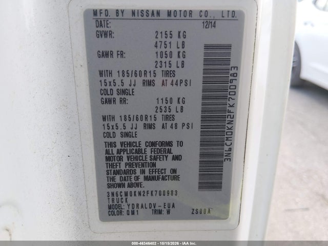 Продаж на аукціоні авто 2015 Nissan Nv200 S/sv, vin: 3N6CM0KN2FK700983, номер лоту: 46346402