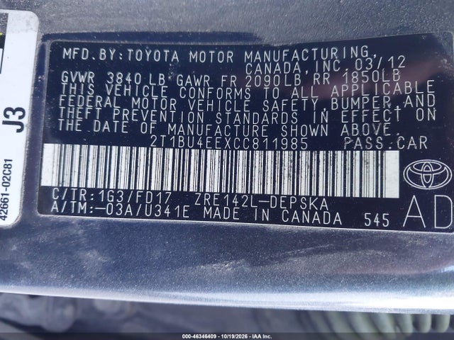 Продаж на аукціоні авто 2012 Toyota Corolla S, vin: 2T1BU4EEXCC811985, номер лоту: 46346409