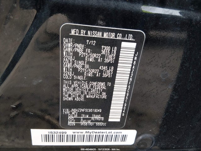 Aukcja sprzedaży 2012 Infiniti Qx56, vin: JN8AZ2NF5C9519049, numer aukcji: 46346425