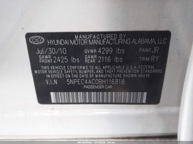 Продаж на аукціоні авто 2011 Hyundai Sonata Limited, vin: 5NPEC4AC0BH116818, номер лоту: 46346442