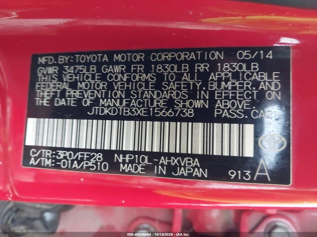 Aukcja sprzedaży 2014 Toyota Prius C Two, vin: JTDKDTB3XE1566738, numer aukcji: 46346464