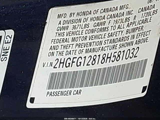 2008 Honda Civic Ex მანქანა იყიდება აუქციონზე, vin: 2HGFG12818H581032, აუქციონის ნომერი: 46346471