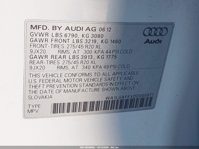 46346482 :رقم المزاد ، WA1LGAFEXDD000971 vin ، 2013 Audi Q7 3.0t Premium مزاد بيع