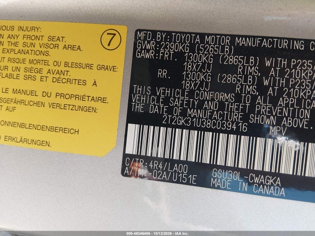 Aukcja sprzedaży 2008 Lexus Rx 350, vin: 2T2GK31U38C039416, numer aukcji: 46346486