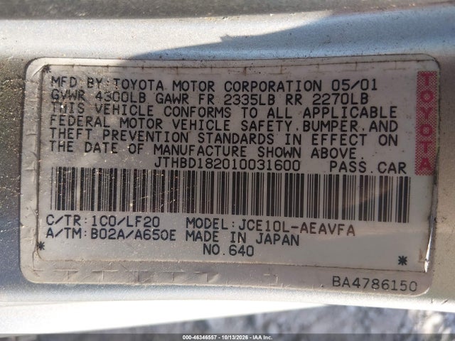 Продаж на аукціоні авто 2001 Lexus Is 300, vin: JTHBD182010031600, номер лоту: 46346557