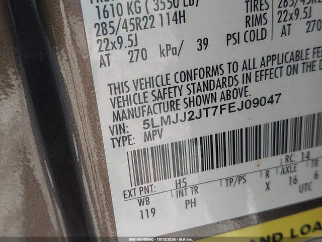 Продажа на аукционе авто 2015 Lincoln Navigator, vin: 5LMJJ2JT7FEJ09047, номер лота: 46346560