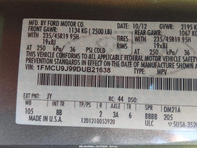 2013 Ford Escape Titanium მანქანა იყიდება აუქციონზე, vin: 1FMCU9J99DUB21638, აუქციონის ნომერი: 46346561