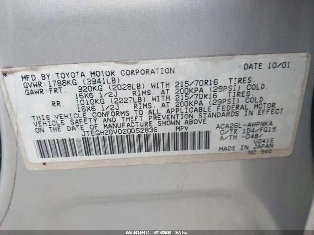 Продаж на аукціоні авто 2002 Toyota Rav4, vin: JTEGH20V020052838, номер лоту: 46346613