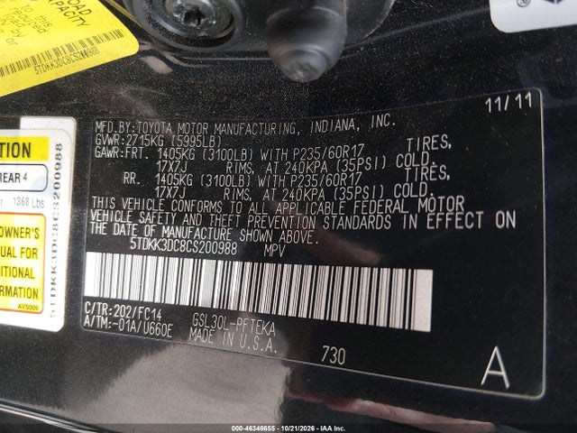 46346655 :رقم المزاد ، 5TDKK3DC8CS200988 vin ، 2012 Toyota Sienna مزاد بيع