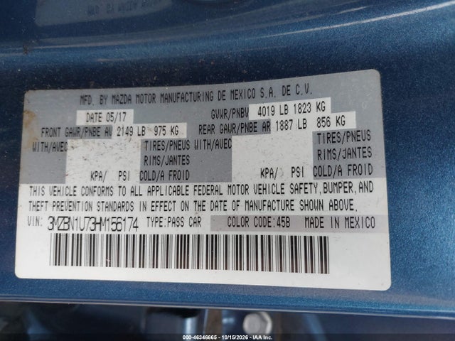 46346665 :رقم المزاد ، 3MZBN1U73HM156174 vin ، 2017 Mazda Mazda3 Sport مزاد بيع