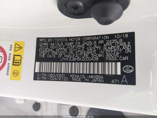 2019 Lexus Ux 200 F Sport მანქანა იყიდება აუქციონზე, vin: JTHY3JBH5K2000438, აუქციონის ნომერი: 46346718