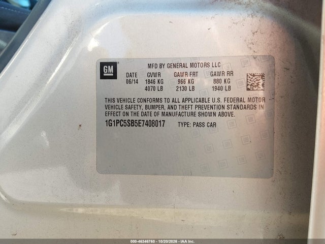 46346760 :رقم المزاد ، 1G1PC5SB5E7408017 vin ، 2014 Chevrolet Cruze 1lt Auto مزاد بيع
