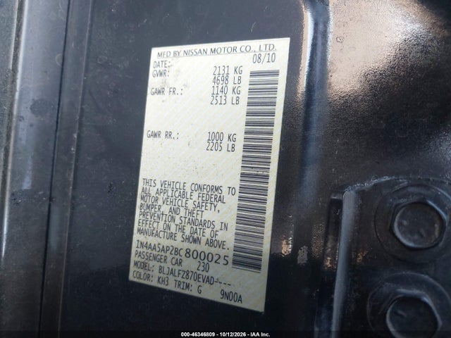 Aukcja sprzedaży 2011 Nissan Maxima 3.5 Sv, vin: 1N4AA5AP2BC800025, numer aukcji: 46346809