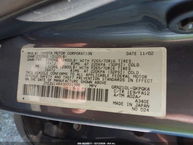 46346811 :رقم المزاد ، JTEZU14R430001386 vin ، 2003 Toyota 4runner Sr5 V6 مزاد بيع