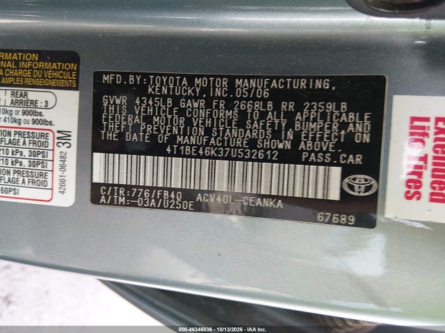 Aukcja sprzedaży 2007 Toyota Camry Le, vin: 4T1BE46K37U532612, numer aukcji: 46346836