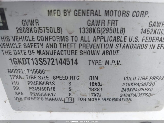 Aukcja sprzedaży 2007 Gmc Envoy Sle, vin: 1GKDT13S572144514, numer aukcji: 46346875
