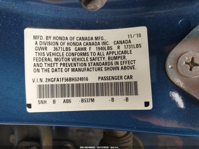 Продажа на аукционе авто 2011 Honda Civic Lx, vin: 2HGFA1F56BH524916, номер лота: 46346885