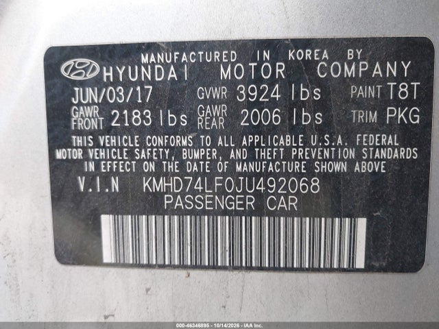 46346895 :رقم المزاد ، KMHD74LF0JU492068 vin ، 2018 Hyundai Elantra Se مزاد بيع