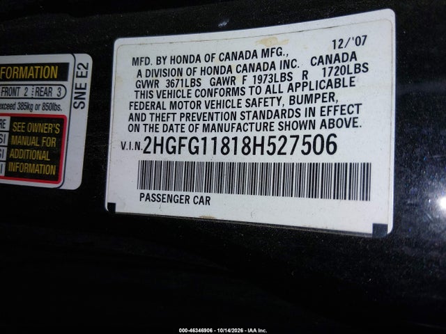 Aukcja sprzedaży 2008 Honda Civic Ex, vin: 2HGFG11818H527506, numer aukcji: 46346906