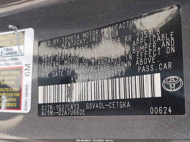 Aukcja sprzedaży 2009 Toyota Camry Xle V6, vin: 4T1BK46KX9U080623, numer aukcji: 46346913